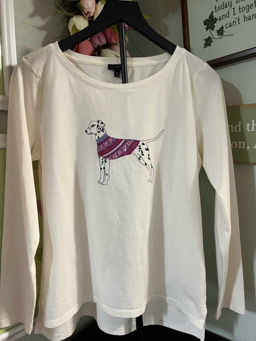 NWT Talbots Cream Long Sleeve Tee with Pink & Purple Dalmatian Print #145 - Picture 4 of 4